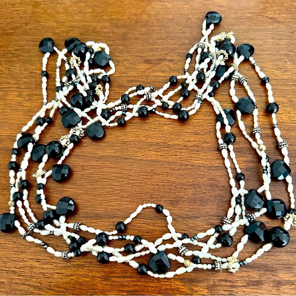 Freshwater pearl black glass bead five strand necklace